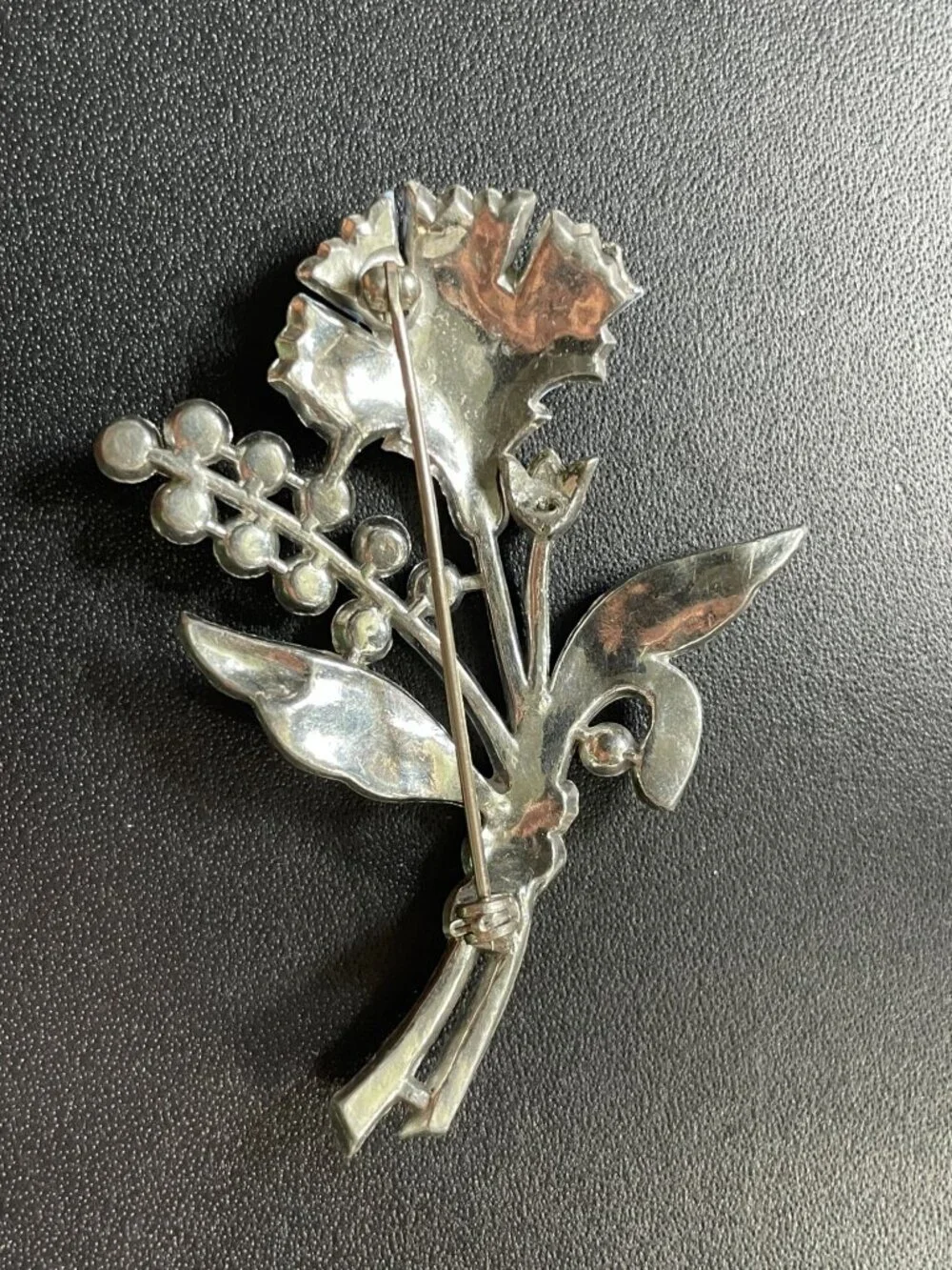 Vintage 1940s Rhodium Plated Blue Carnation Enamel Bouquet Rhinestone Brooch